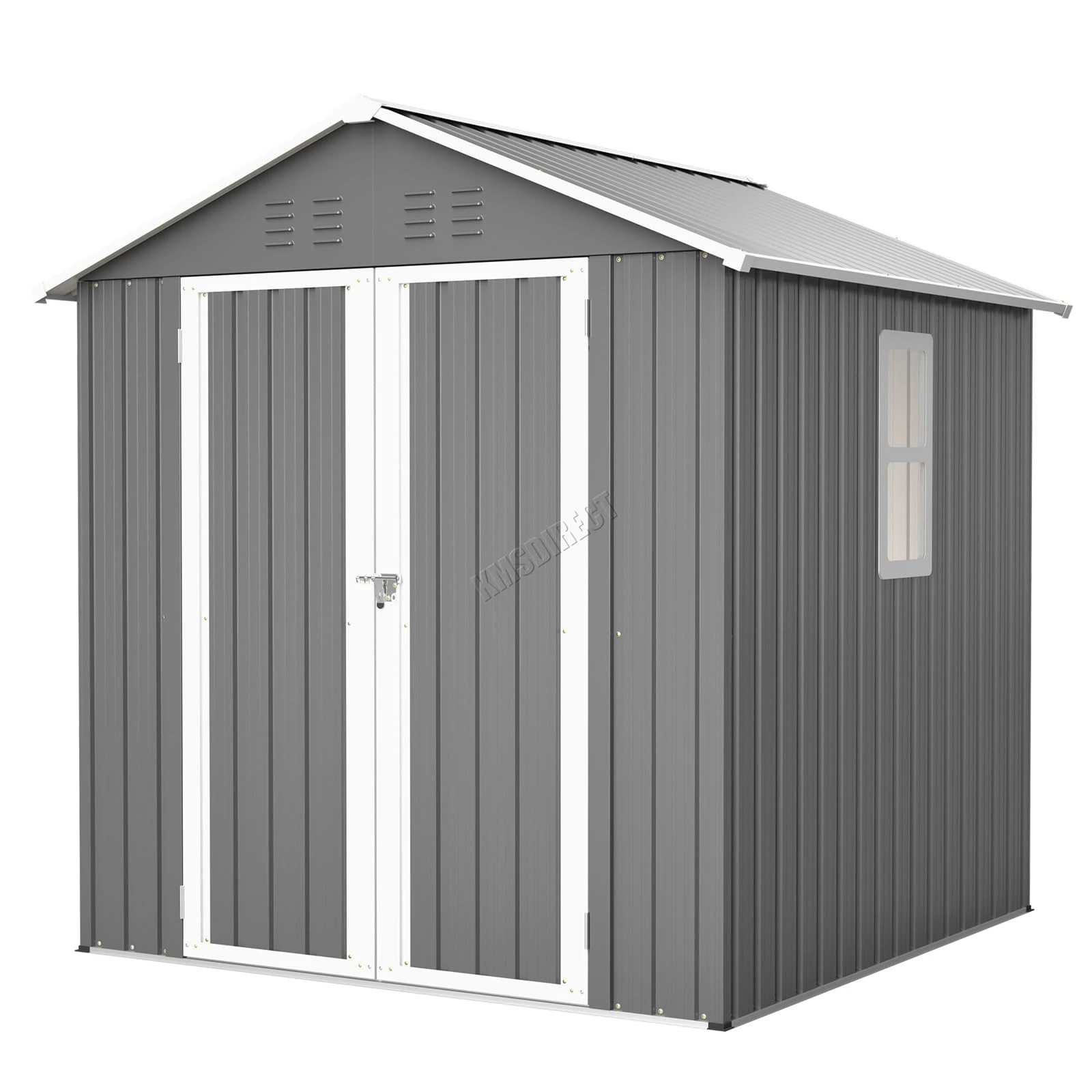 BIRCHTREE Garden Shed Steel Apex Roof House Outdoor Backyard Storage With Lockable Double Doors Window Free Foundation Tool Equipment Organizer Air Vents 6x6FT Grey