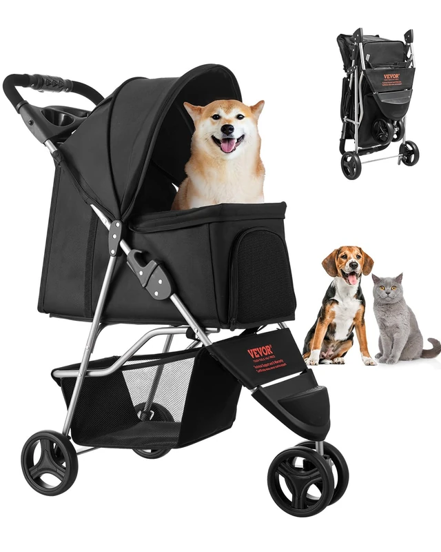 VEVOR Pet Stroller, 35 lbs Weight Capacity, Foldable Dog Stroller Cart, 3 Wheels Cats Strollers with Mesh Windows and Cup Holders, Portable Pet Carrier Strollers with Brake, for Small to Medium Pets