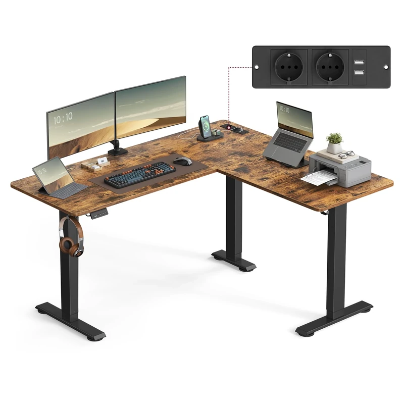 VASAGLE Electric Desk, Height-Adjustable L-Shaped Corner Standing Desk, 160 x 140 cm, with Charging Station, Memory Function with 2 Heights, for Home Office, Rustic Brown and Ink Black LSD264K02