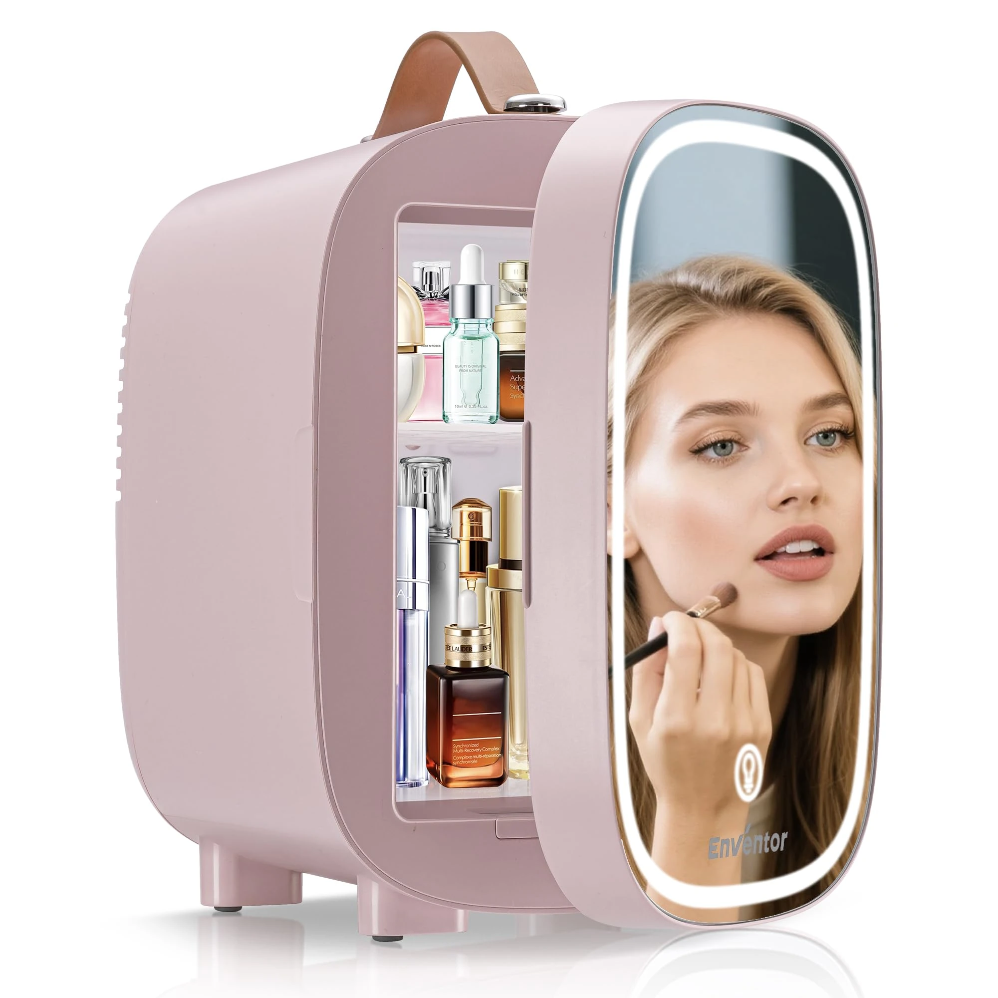 Enventor Mini Fridge 4L/ 6 Can, Skincare Fridge With Dimmable LED Light Mirror, AC+12V DC Power Cooler & Warmer for Bedrooms, Home, Car/Cosmetics, Skin Care and Food, Pink