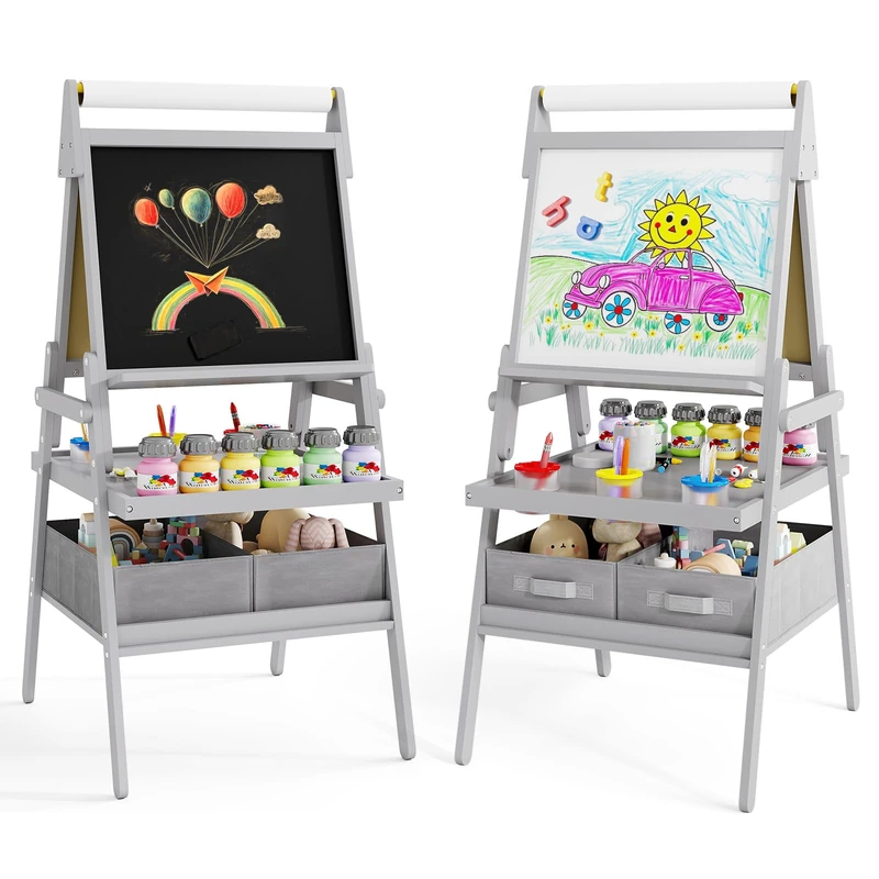 GYMAX Wooden Kids Easel, Double Sided Painting Easel (Grey)