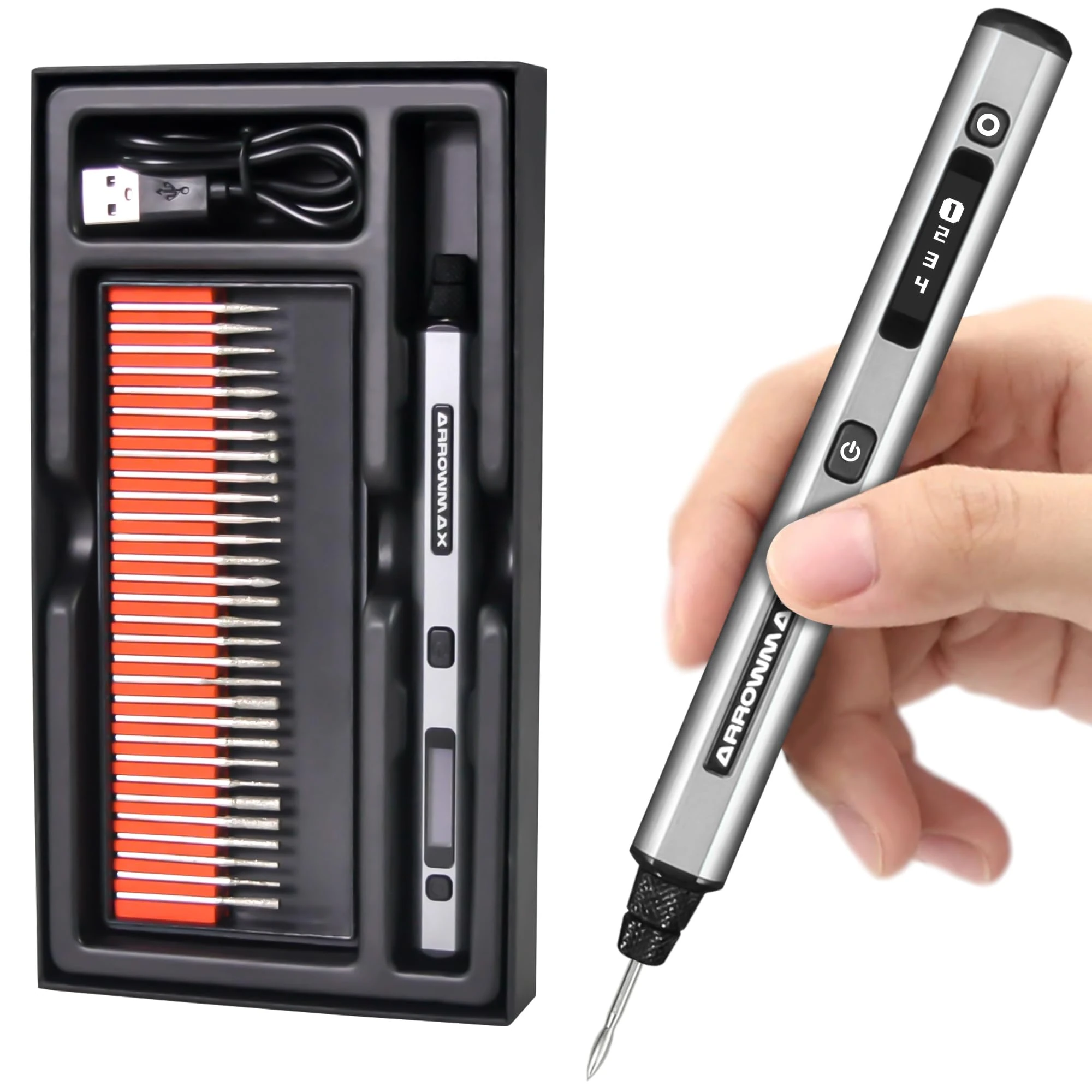 ARROWMAX Mini Engraving Pen: Ultimate Cordless Portable Tool for Artists & DIYers - Engrave 50+ Surfaces - Beginner Friendly - Rechargeable - Free 30 Bits