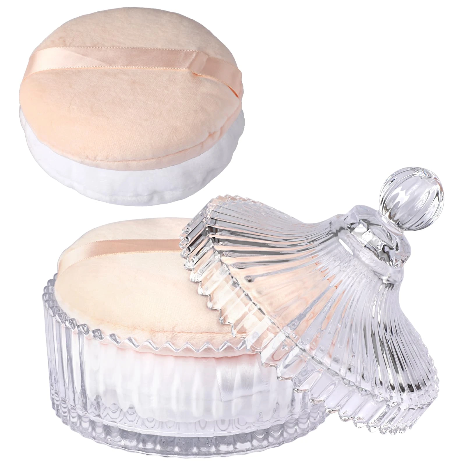 SUMTree Glass Body Powder Puffs and Container, Dusting Powder Container with 2 Puffs Washable and Reusable for Women, Empty Talcum Box Container for Baby, 1 Pink&1 White Puffs, Medium, Clear