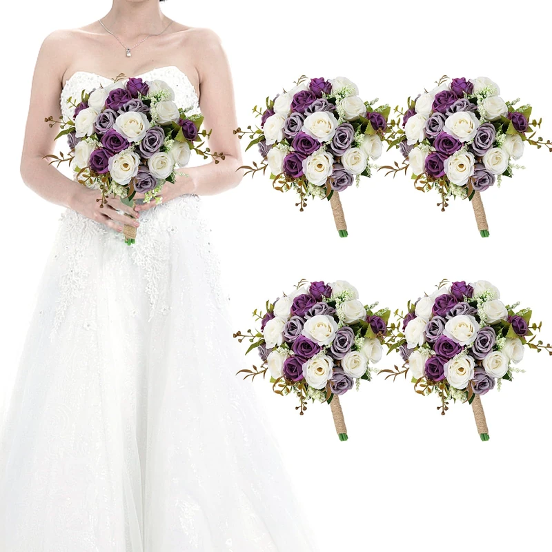 HOMENERGY Set of 4 Bridesmaid Bouquets for Wedding - 7 Inch Artificial Ivory Flower Bouquet for Party Ceremony Anniversary Dinning Table Centerpieces Decor - Dusty Purple & White
