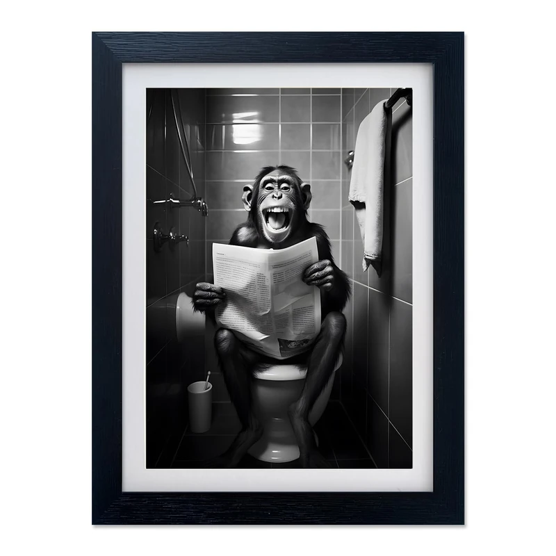Framed Black and White Animal Bathroom Canvas Wall Art Monkey Reading Newspaper Toilet Humor Decor Funny Bathroom Sign Wall Decor