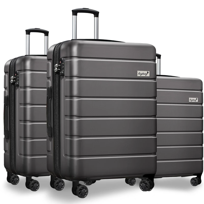 KEYTANG Explorer 3-Piece Lightweight Hardside Luggage Set with TSA Lock, Double Spinner Wheels and Carry-on Case, Grey, 3 Piece Set, Expandable Hardside Luggage with Spinner Wheels, Grey, 3 Piezza