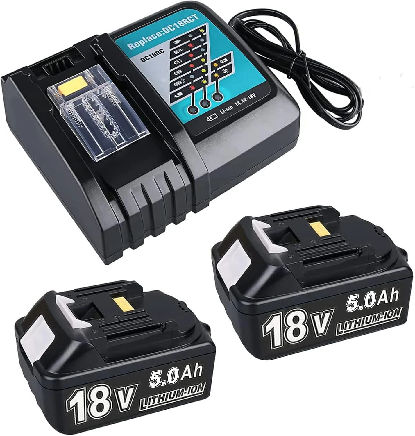 2 x 18V 5.0Ah BL1830 Batteries + 4A DC18RC Charger Compatible with Makita Battery 14.4V-18V BL1850 BL1830 BL1860 BL1840 and DC18RD DC18RC DC18SF DC18RCT DC18RF Charger