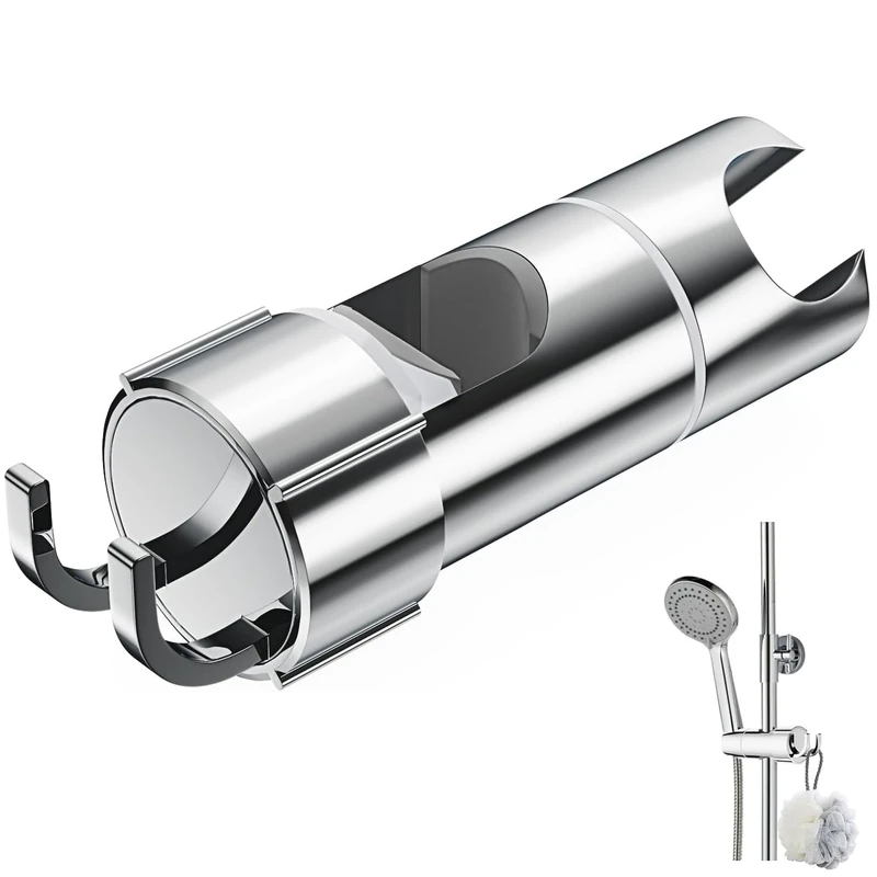 Alyvisun Shower Head Holder with 2 Hooks, Adjustable Shower Holder Bracket for 16-27mm Slide Rod, Universal Chrome Plated Shower Head Holder Replacement with Easy Installation