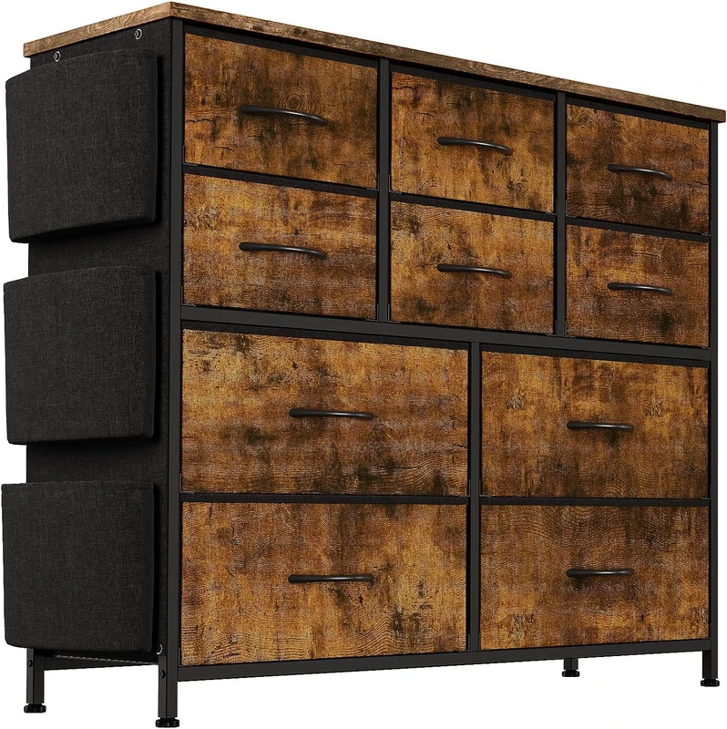 Zstar Chest of Drawers for Bedroom with Drawers, Fabric Storage Cabinet with Metal Frame, Modern Decoration Wooden Table Top Chest of Drawers with 10 Drawers for Bedroom, Hallway, Brown - Image 1