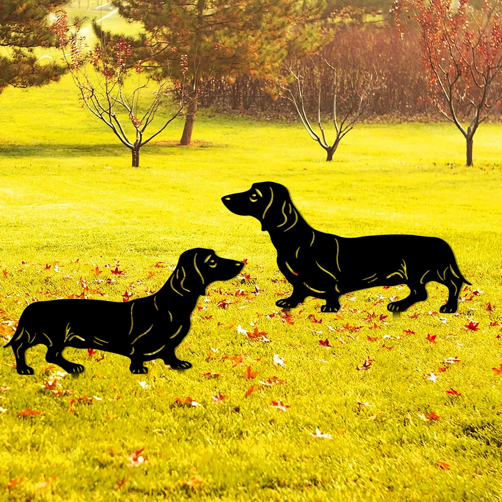 YiYa 2 Pack Metal Dog Garden Decor, Animals Garden Decor Sculptures Iron Dogs Garden Statues, Black Dog Silhouette Outdoor Wall Art for Outdoor Lawn Animal Lawn Decoration Black Decor