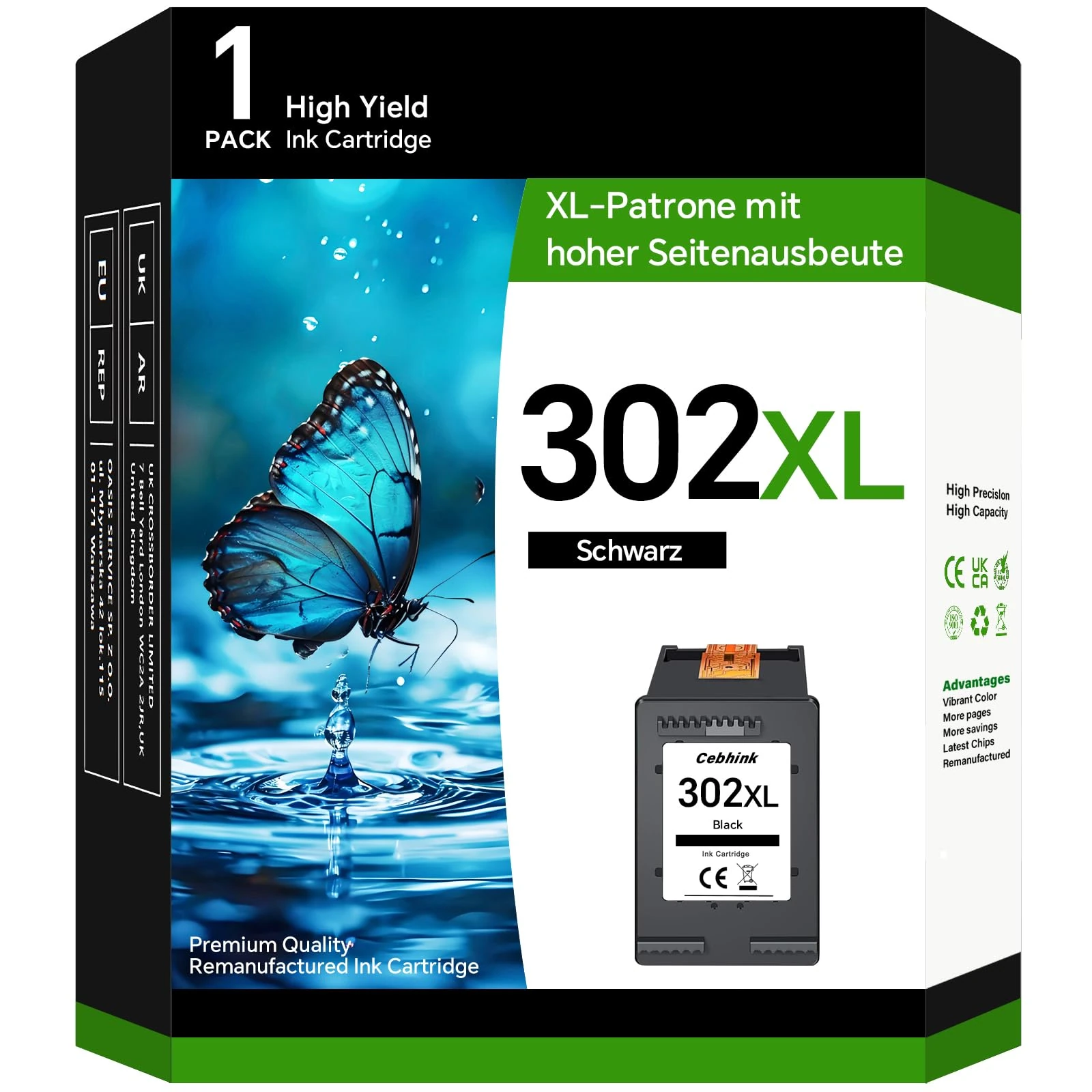 Cebhink 302 Black Ink Cartridge Replacement for HP 302 Printer Cartridges 302XL Compatible with HP Envy 4520 4522 4525 4527 DeskJet 3630 3636 3638 3639 3633 2130 OfficeJet 3831 3830 3833 5 5220 5230 1