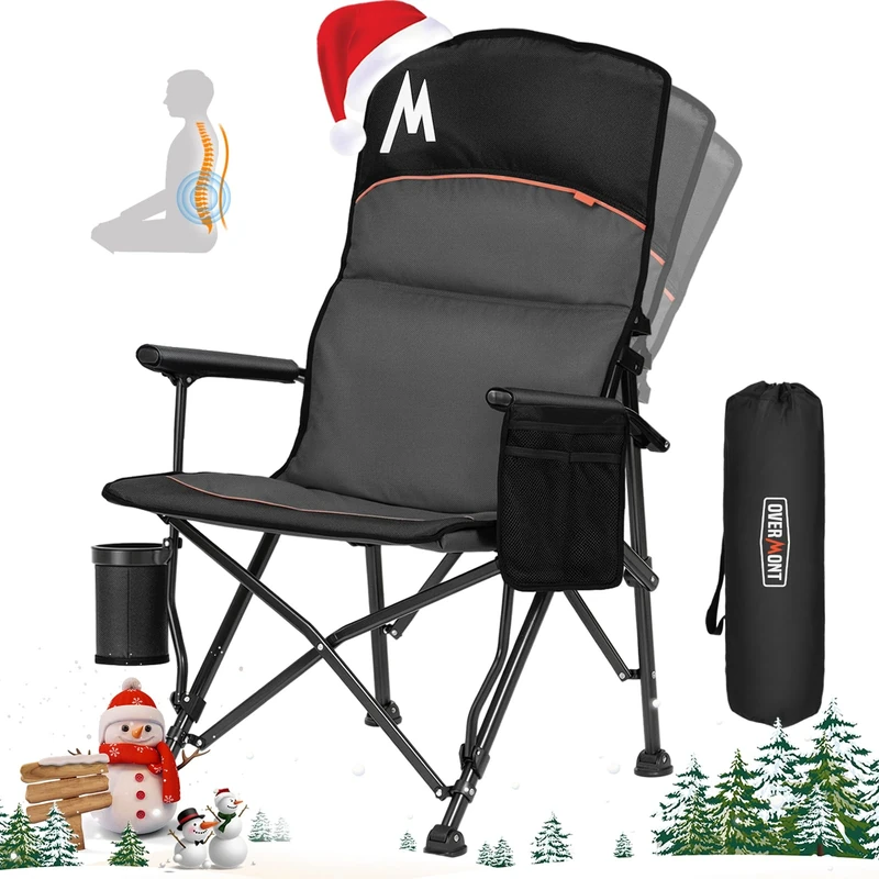 OVERMONT 225kg Oversized Adjustable Camping Chair for Adults with High Back -Heavy Duty Folding Chair with Cup Holder Comfy for Garden Picnic Beach Outdoor Fishing Recliner Deck Stool Black