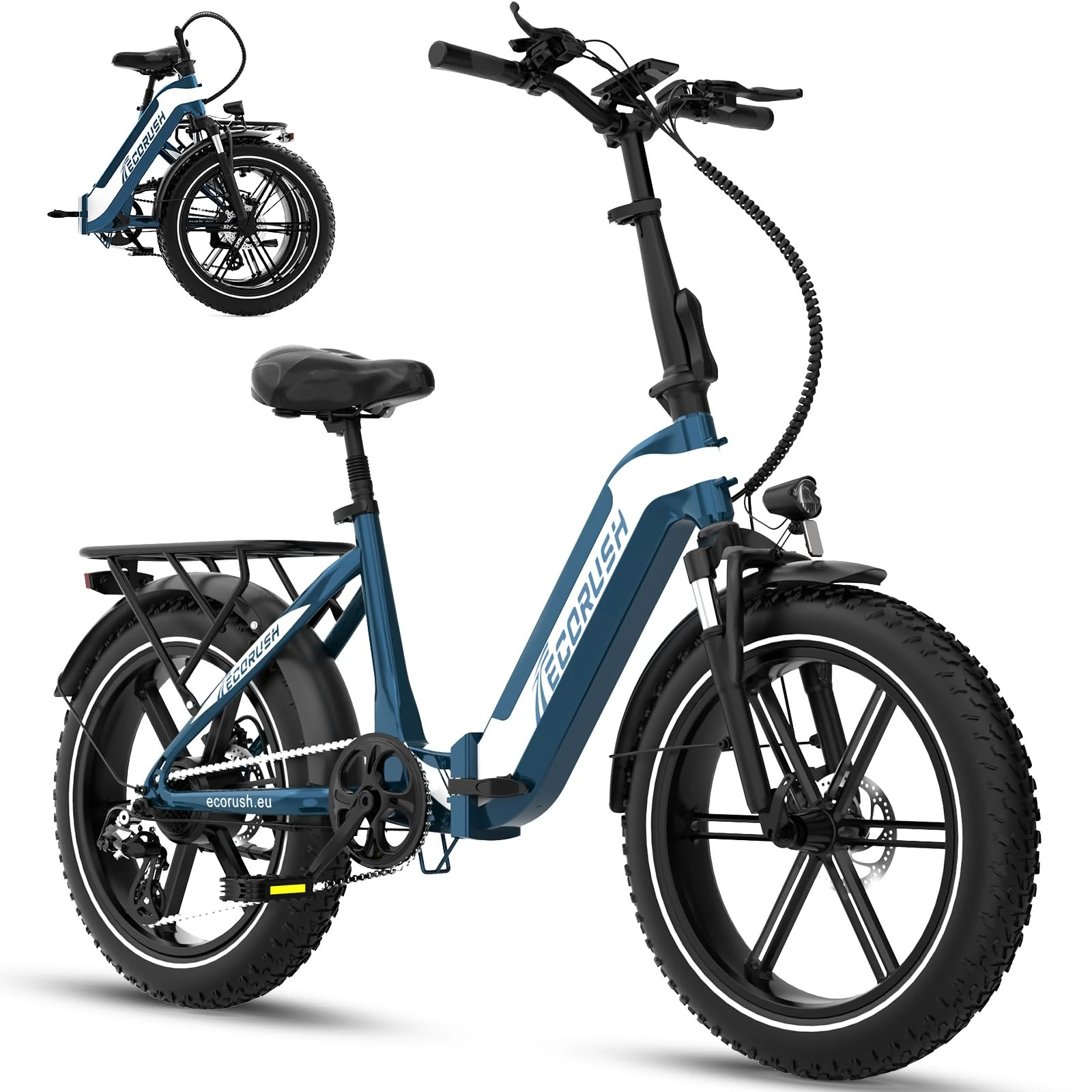 ECORUSH 48V 250W Folding E-Bike with fat tires, removable battery, dual disc brakes, hydraulic suspension, and 3.5" color display. IP54 waterproof. Available in Black, Silver, and Blue.