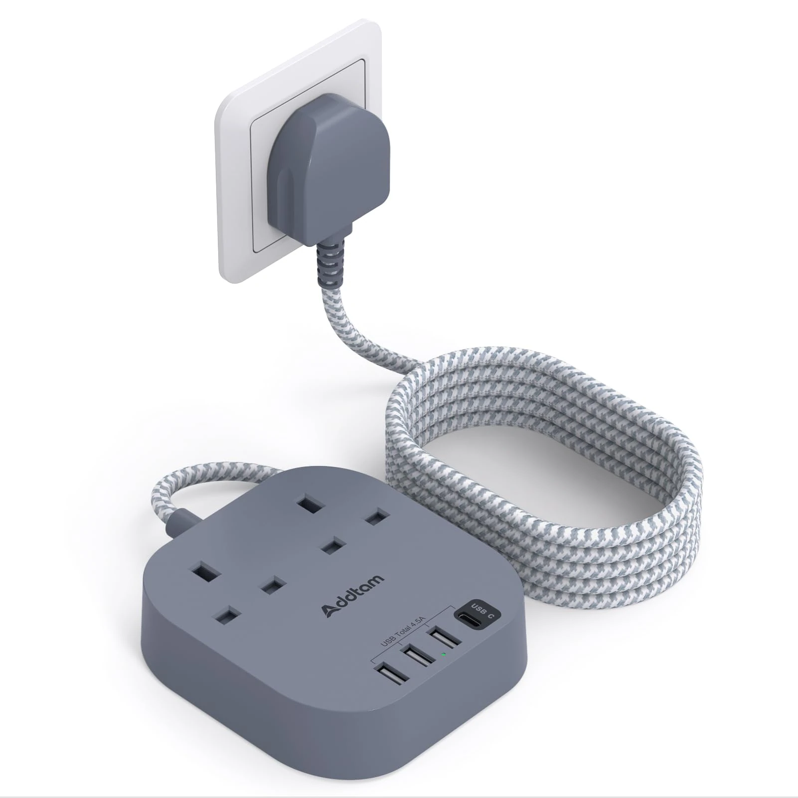 Extension Lead, Power Strips with 2 Way Outlets 4 (4.5A, 1 Type C and 3 USB-A Port) Surge Protection Plug Extension Socket with 3 Meter Braided cord for Home Office (Gray)