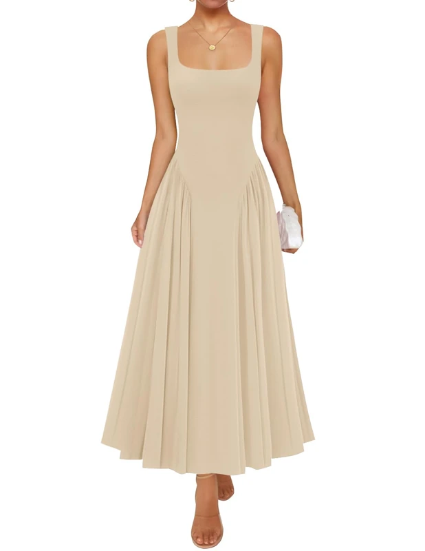 ZESICA Womens 2025 Summer Sleeveless Square Neck Sundress Casual Long Flowy A Line Knit Dress Beach Vacation Maxi Dresses, Apricot, S