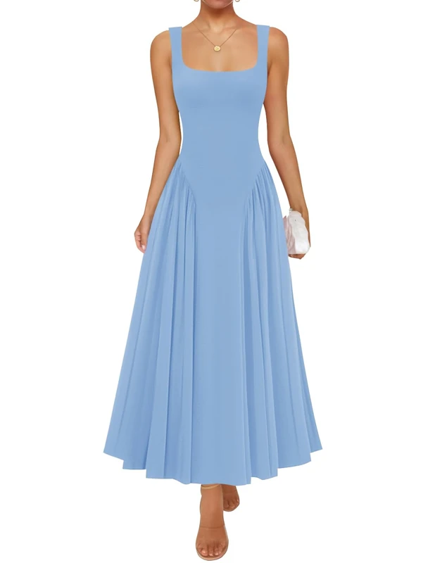 ZESICA Womens 2025 Summer Sleeveless Square Neck Sundress Casual Long Flowy A Line Knit Dress Beach Vacation Maxi Dresses, Blue, S