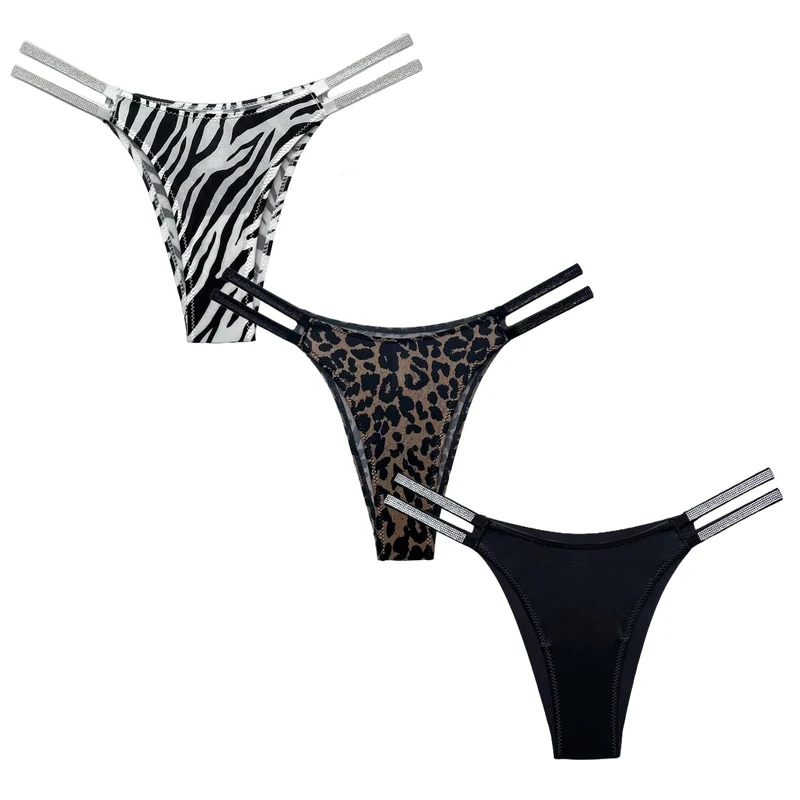 4UFIT Women's Bikini G String Thong Bottoms Strappy Low Rise Rhinestone Thong Sexy High Cut Ice Silk Panties 3-6 Pack, Zebra+leopard+black, L