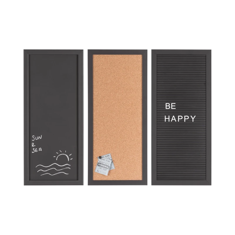 Bi-Office Essentials Boards Set of 3 Boards, 20 x 45 cm, Chalkboard, Letterboard and Corkboard, Black Frame