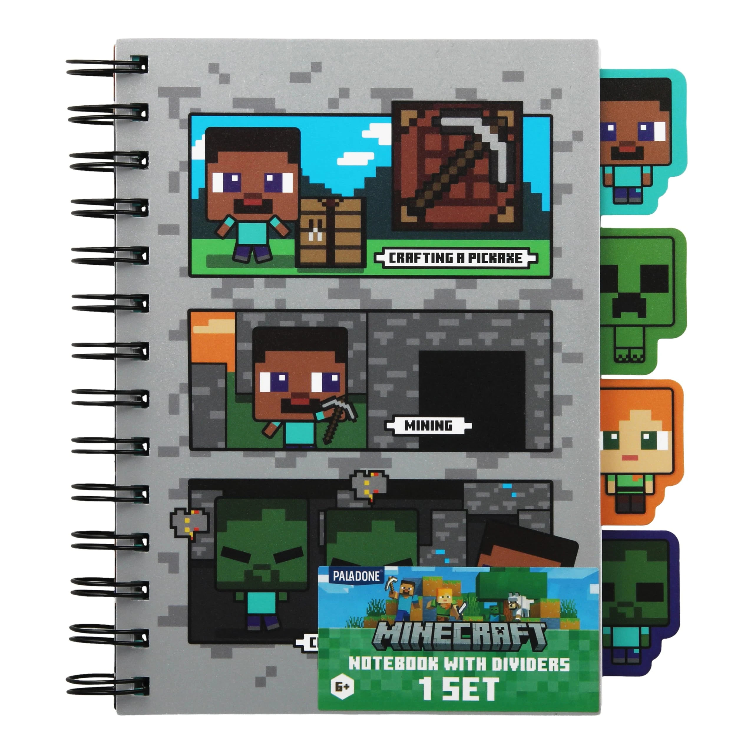 Paladone Minecraft Notebook Stationery Set for Boys, Officially Licensed A5 Spiral-Bound Planner with 4 Dividers and Ruler, Back to School Supplies