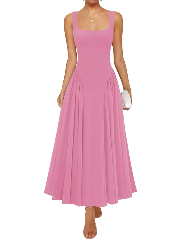 ZESICA Womens 2025 Summer Sleeveless Square Neck Sundress Casual Long Flowy A Line Knit Dress Beach Vacation Maxi Dresses, Pink, L