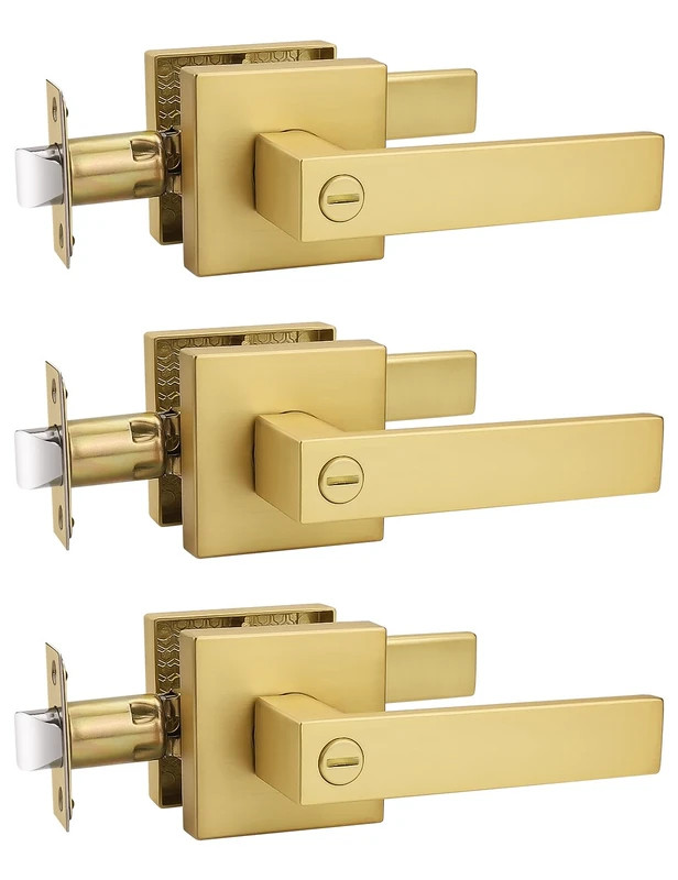 Tinewa 3 Pack Heavy Duty Gold Square Privacy Interior Door Levers, Satin Brass Finish, Bedroom and Bathroom Door Handles Keyless Bed/Bath Lockset