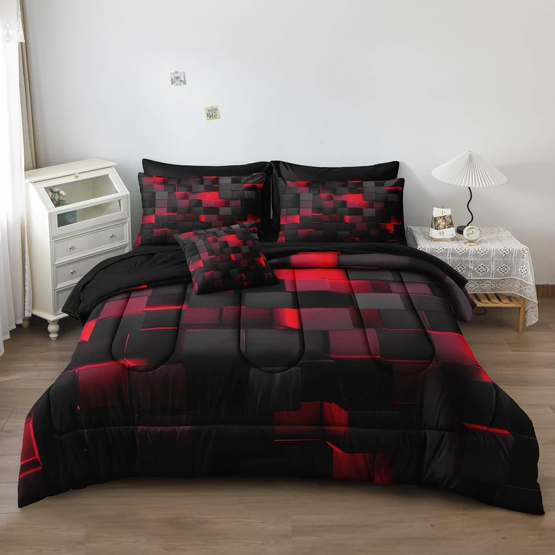 Herside Solid Geometric Queen Size Comforter Set with Sheets,8 Pcs Red and Black Queen Bed in a Bag Set,Gradual Change Honeycomb Quilt Set,Modern Square Texture Luxury Bedding Set for All Season