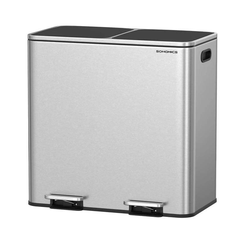 SONGMICS Dual Rubbish Bin, Metal Recycling Bin with 15 Rubbish Bags, 2-Compartment, with Lids, Pedals, Plastic Inner Buckets, Soft Closure, 2 x 10.6 Gallons (2 x 40 L), Silver and Black LTB730E80