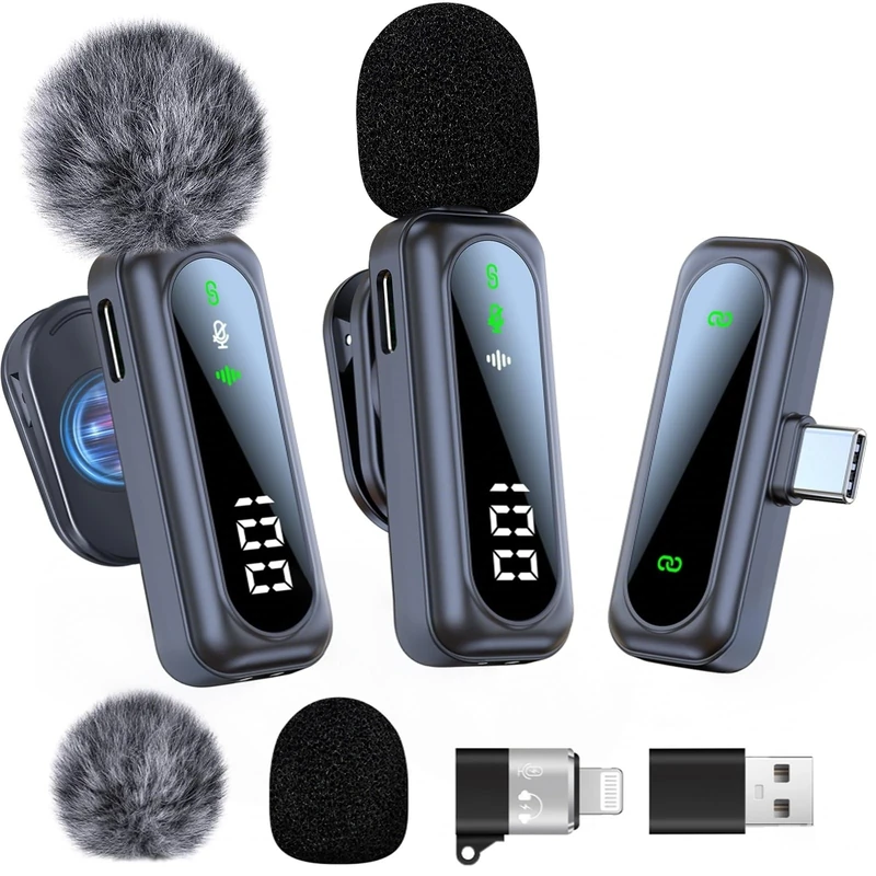 dralud 2 Pack Wireless Lavalier Microphone with Magnetic Clip, Microphone for iPhone Android Phone with USB-C, Mini Mic with Noise Cancellation for Video Recording TikTok YouTube