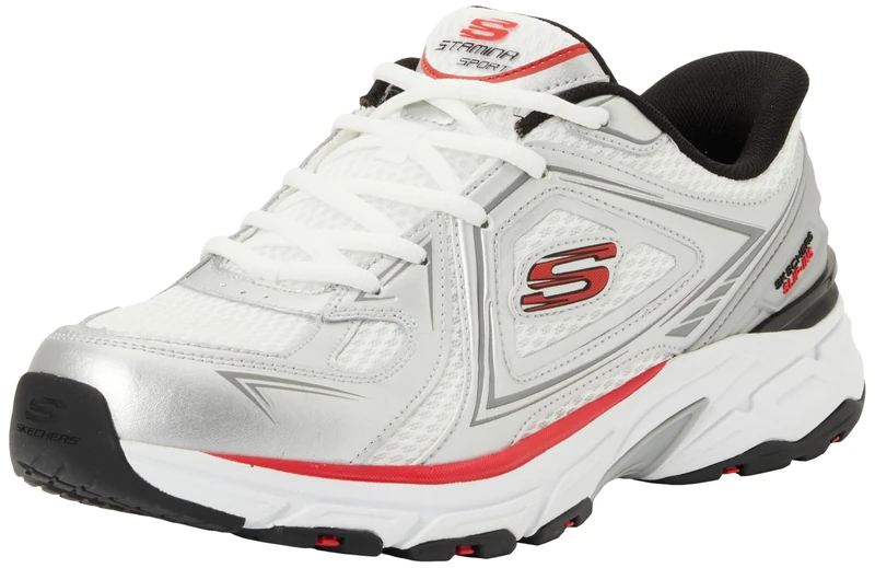 Skechers Men's Stamina Sport Kordae Sneaker, White Leather/Silver Mesh/Red Pu, 7 UK