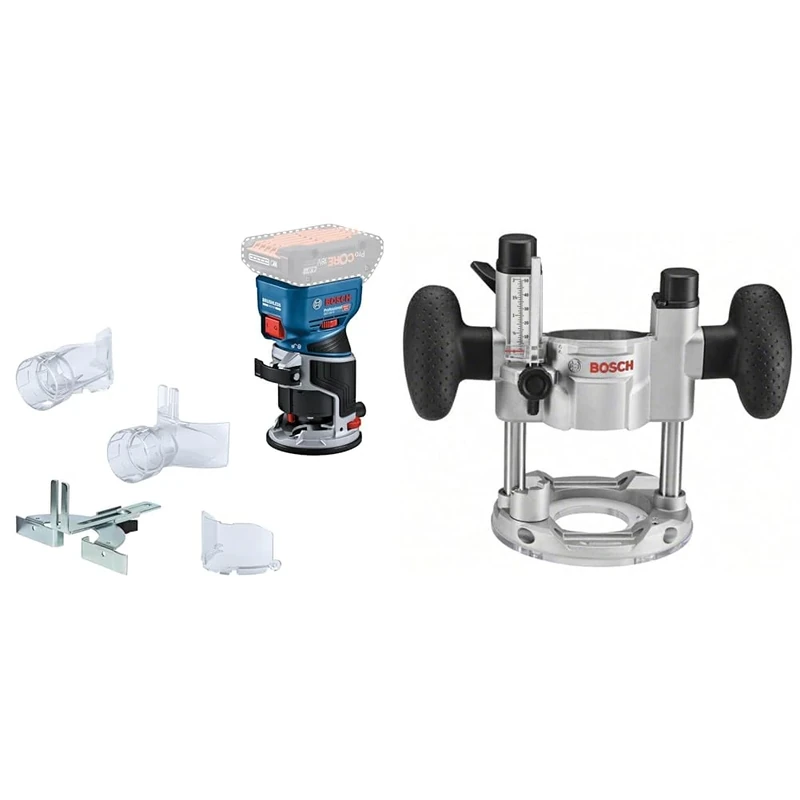 Bosch Professional 18V System Cordless Router GKF 18V-8 (incl. Parallel Guide, 2X Routing vac adaptors, Chip Shield, ¼” (6.35mm) Collet, Wrench, Without Battery/Charger) + TE 600 Plunge Base