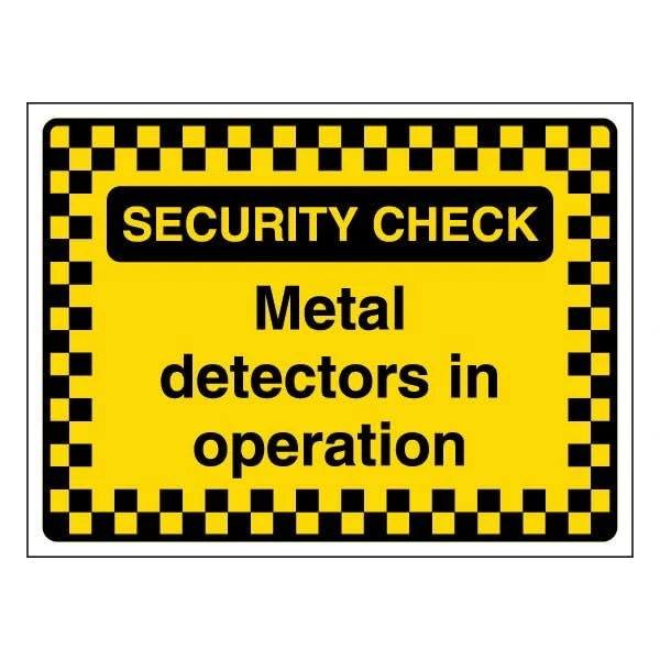 V Safety Security Check - Metal Detectors In Operation - Pattern Border 600 x 450 mm - Glow In The Dark Self Adhesive Vinyl Safety Sign