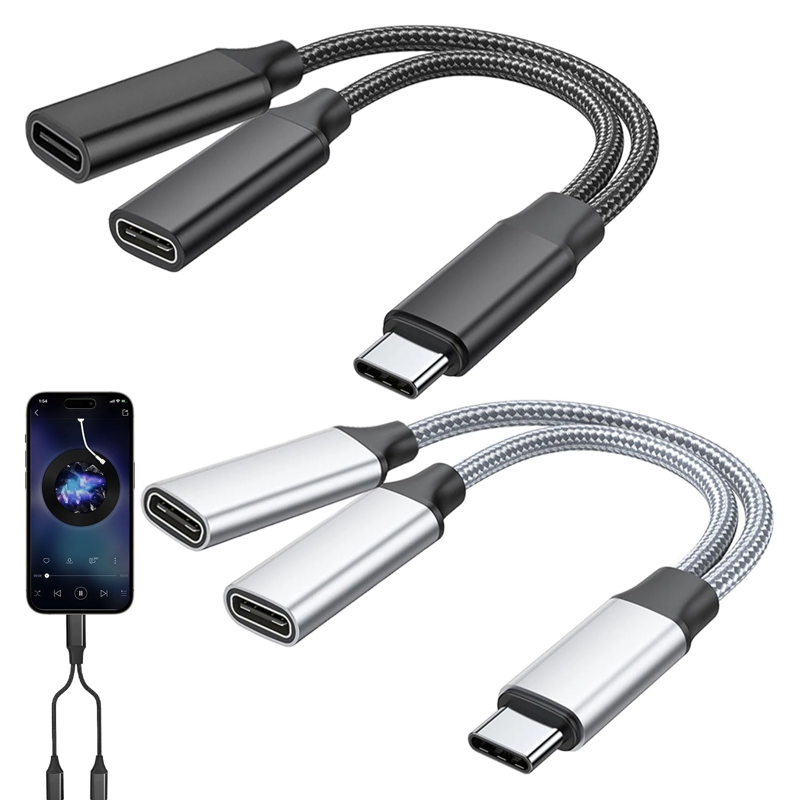 2PCS USB Splitter 2 Port,USB C Splitter 2 Port Male to Dual Type C Female Cable Charger Adapter Y Splitters Cable for Charging, Type C Double Adapter,for Xbox One,PS5,Laptop