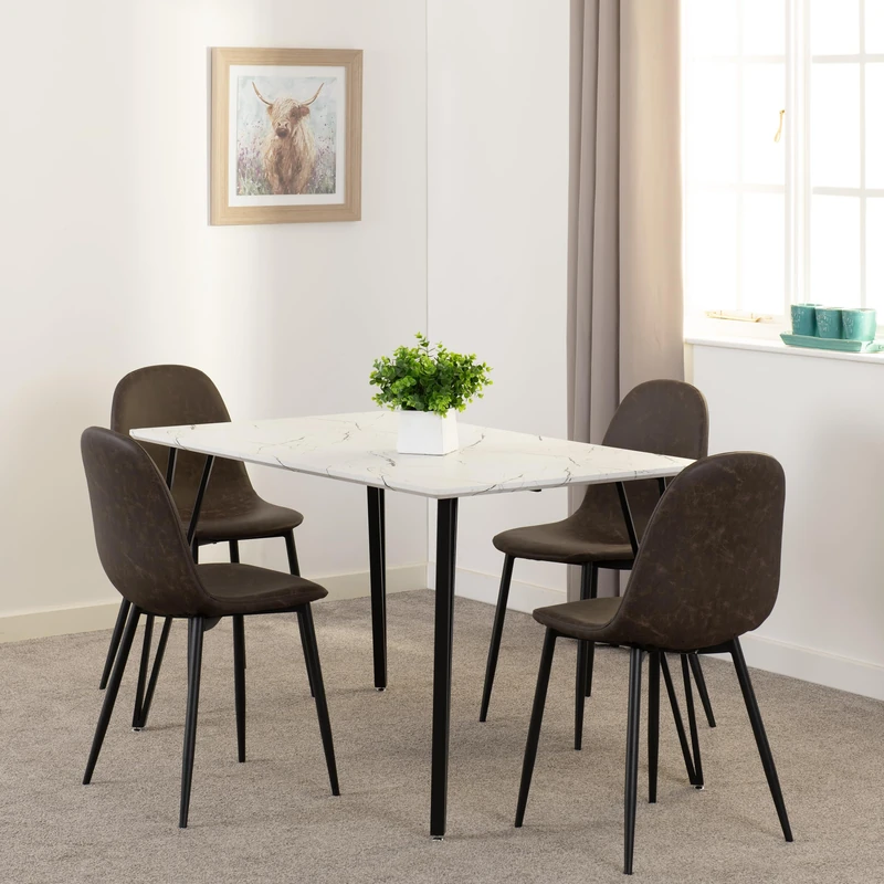 Seconique Marlow Dining Set with Athens Chairs in White Marble Effect/Black/Brown Faux Leather