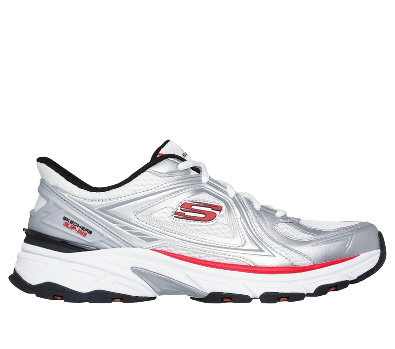 Skechers Men's Stamina Sport Kordae Sneaker, White Leather/Silver Mesh/Red Pu, 12 UK
