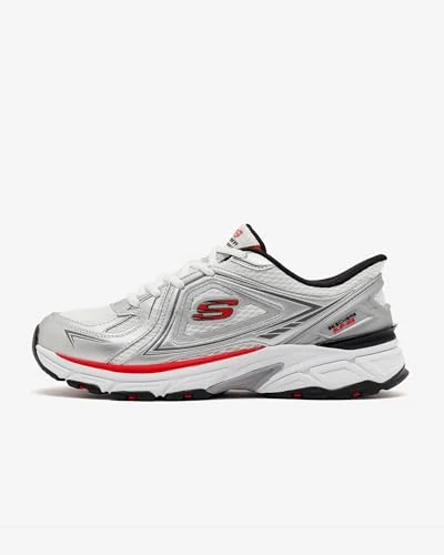 Skechers Men's Stamina Sport Kordae Sneaker, White Leather/Silver Mesh/Red Pu, 10 UK