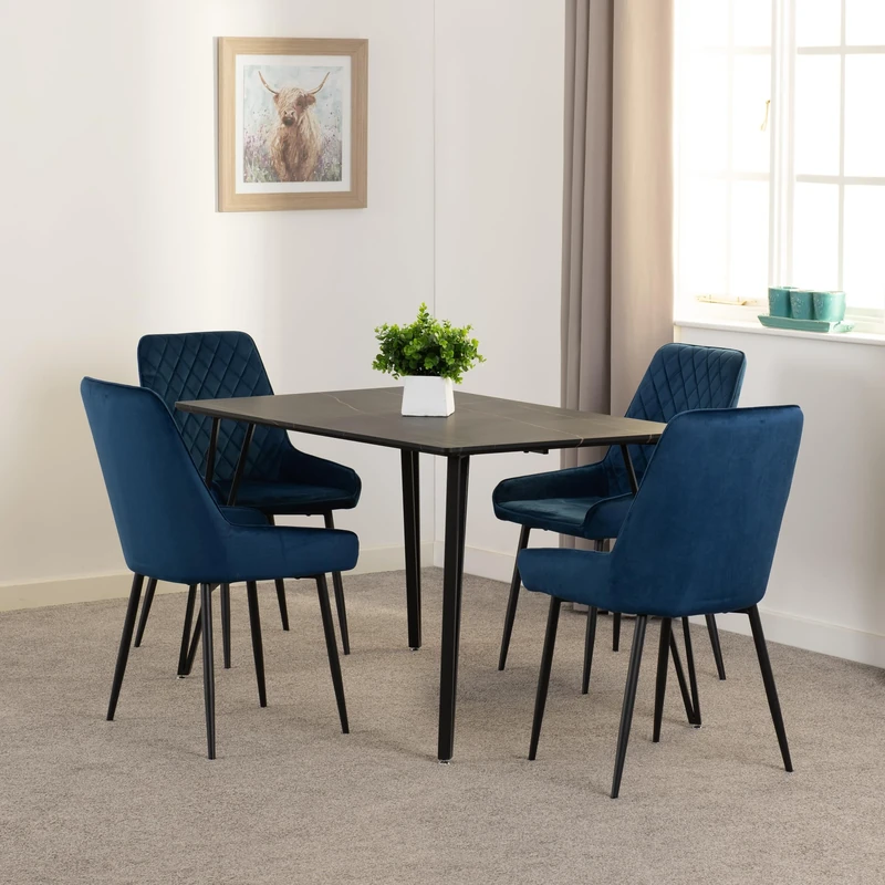Seconique Marlow Dining Set with Avery Chairs in Black Marble Effect/Black/Sapphire Blue Velvet