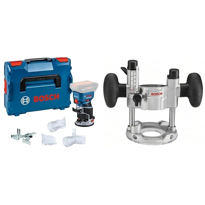 Bosch Professional 18V System Cordless Router GKF 18V-8 (incl. Parallel Guide, 2X Routing vac adaptors, Chip Shield, ¼” (6.35mm) Collet, Wrench, L-BOXX, Without Battery/Charger) + TE 600 Plunge Base