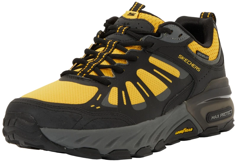 Skechers Men's Max Protect Sherwood Ridge Sneaker, Black Leather/Synthetic/Yellow Trim, 13 UK