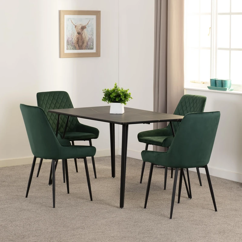 Seconique Marlow Dining Set with Avery Chairs in Black Marble Effect/Black/Emerald Green Velvet