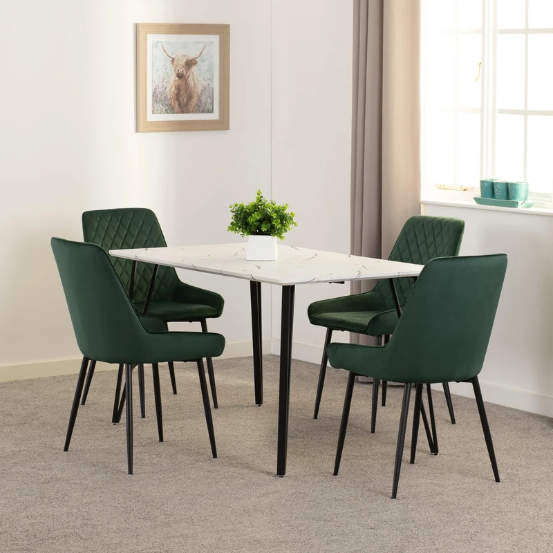 Seconique Marlow Dining Set with Avery Chairs in White Marble Effect/Black/Emerald Green Velvet