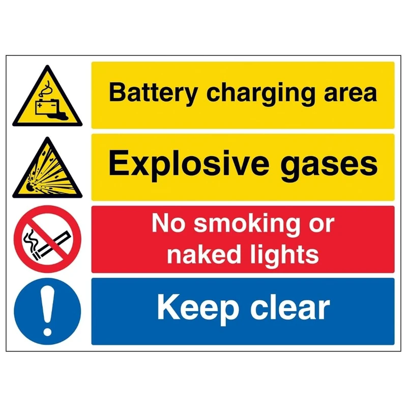 V Safety Battery Charging/Explosive/No Smoking/Keep Clear 600 x 450 mm - Glow In The Dark Self Adhesive Vinyl Safety Sign