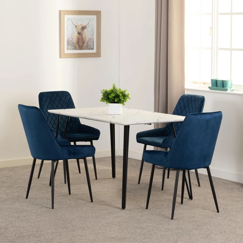 Seconique Marlow Dining Set with Avery Chairs in White Marble Effect/Black/Sapphire Blue Velvet