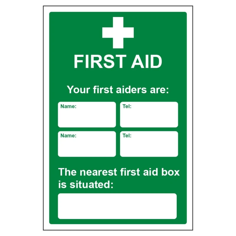 V Safety Your First Aiders Are - Your Nearest First Aid Box 400 x 600 mm - Glow In The Dark 1mm Rigid Plastic Safety Sign