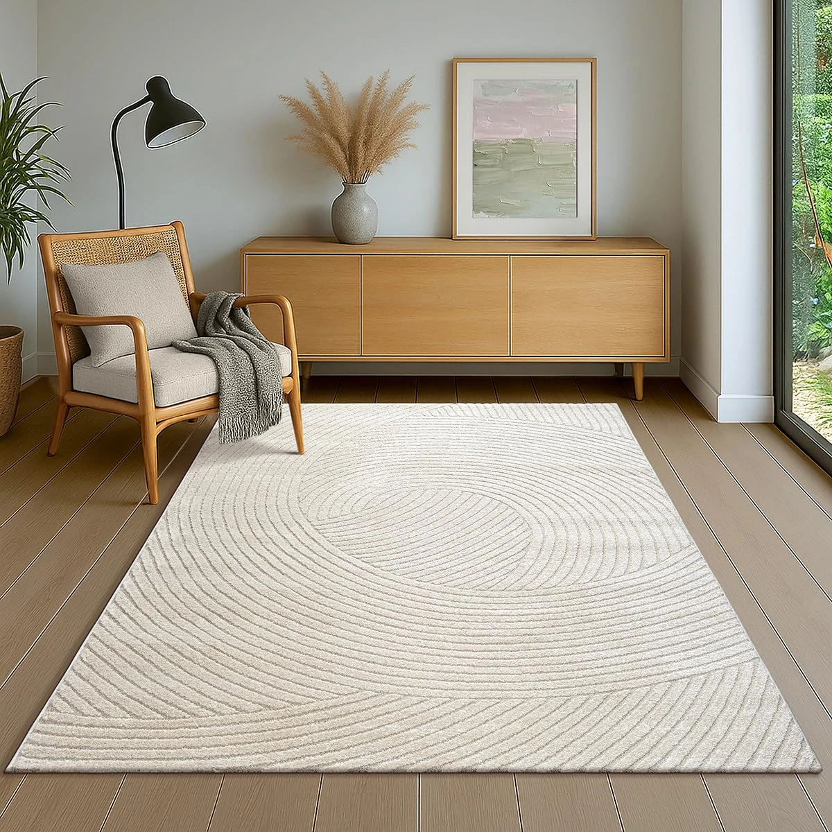 the carpet Everest, Modern Short Pile Rug, Living Room, Bedroom, with High-Low Effect, 3D Effect, High Pile Density and Pleasantly Soft, Lines, Op-Art, Cream, 80 x 150 cm