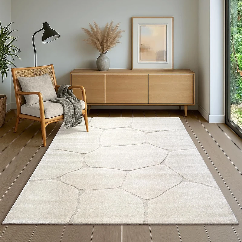 the carpet Everest, Modern Short Pile Rug, Living Room, Bedroom, with High-Low Effect, 3D Effect, High Pile Density and Pleasantly Soft, Honeycomb Pattern, Cream, 140 x 200 cm - Image 1