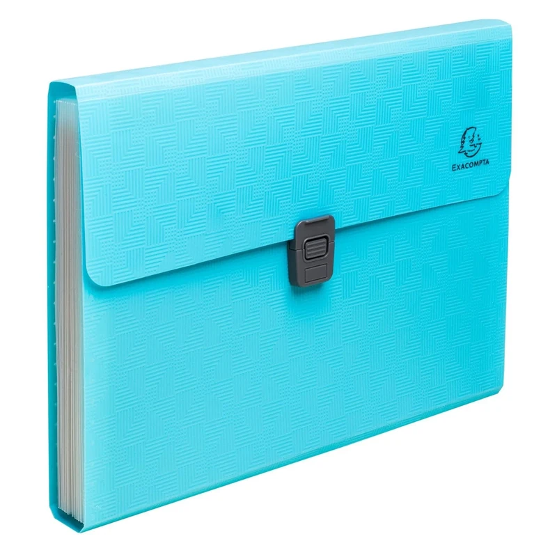 Exacompta - Ref. 55299E - Box of 5 Pop'N Co case folders - Recycled PP Cover and PP Interior - Expandable Back - snap Button Closure - 13 compartments - Size 33x25cm - Cyan