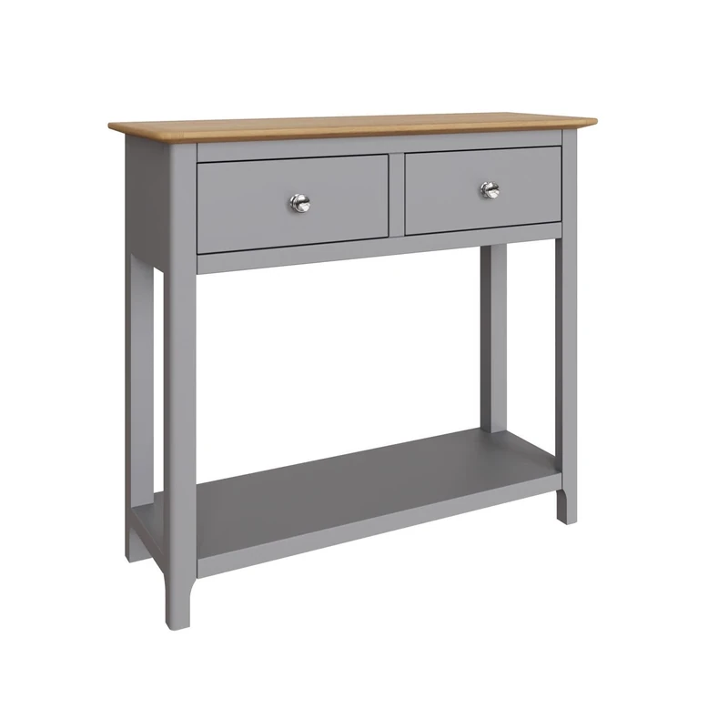 FWStyle Dove Grey 2 Drawer Console Table with Oak Top, Slim Hallway Storage Table for Living Room Entryway or Bedroom, Painted Wood Console Desk H76 x W85 x D30cm