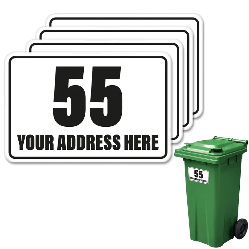 4X Wheelie Bin Number Stickers Trash Garbage Can Stickers Classic Custom House & Street Name Address Labels