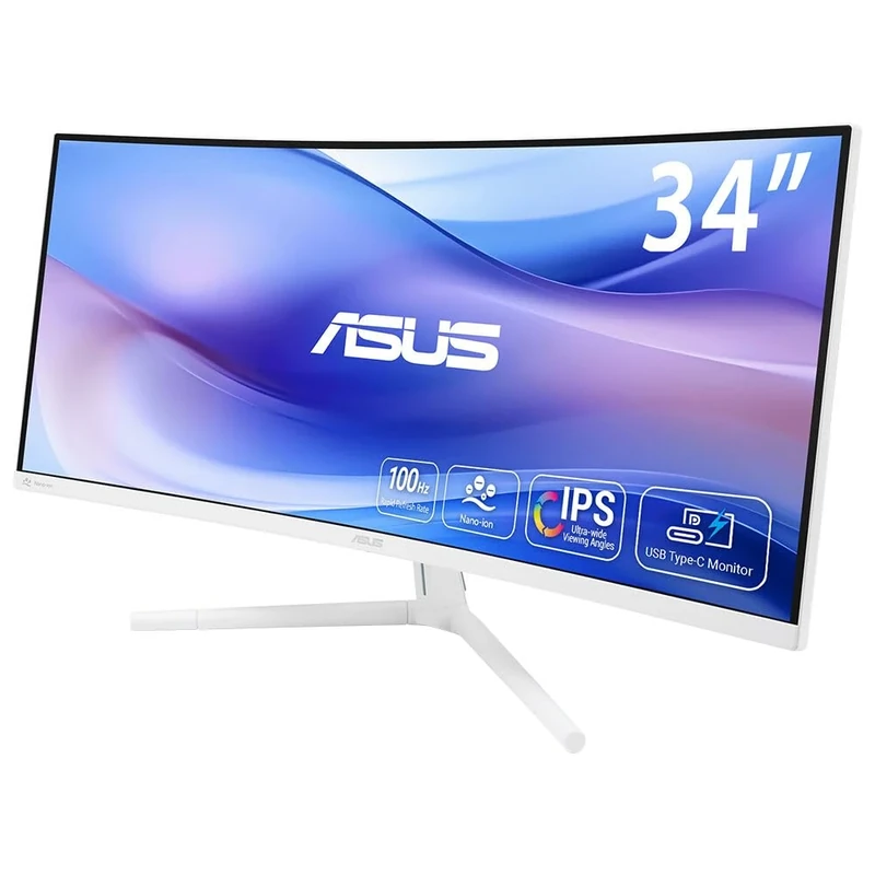 ASUS VU34WCIP-W Eye Care, 34-inch Curved Monitor, Wide Quad HD VA (3440 x 1440), 1ms (MPRT), 100Hz, HDMI, USB-C and DisplayPort, SmoothMotion, Eye Care Plus Technology, Built-in Speaker,