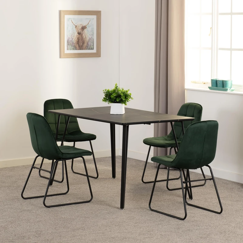 Seconique Marlow Dining Set with Lukas Chairs in Black Marble Effect/Black/Emerald Green Velvet